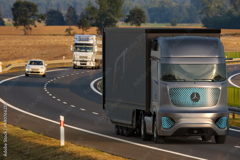autonomous Mercedes-Benz Future Truck 2025 truck that moves independently  in highway traffic thanks to the Highway Pilot system Stock Photo | Adobe  Stock
