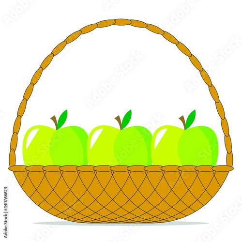 Vector graphics-three ripe green apples lie in a wicker basket close-up isolated. Concept-seasonal harvest