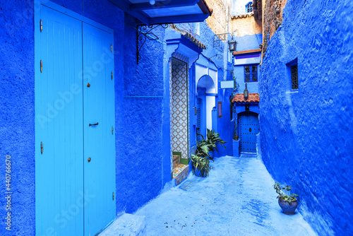 Courtyard with blue walls of houses in old medina of Chefchaouen. Morocco, North Africa © Valery Bareta