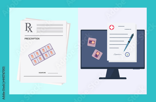 Electronic prescription rx. Online digital signature of a medical document. Electronic form with online pharmacy medicines. Information on diagnosis and therapy with prescription drugs. Vector 