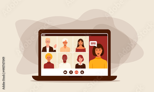 vector of a laptop with people of ethnic diversity and gender in chat or webinar. technology and video call concept.