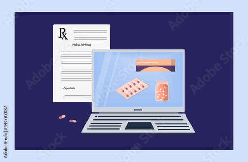 Electronic prescription rx. Online medical document. An electronic form with medicines in an online pharmacy. Information on diagnostics and therapy with prescription drugs. Vector illustration
