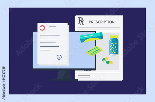 Electronic prescription rx. Online medical document. An electronic form with medicines in an online pharmacy. Information on diagnostics and therapy with prescription drugs. Vector illustration