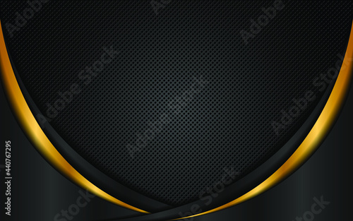 Abstract dark steel mesh background with golden glow lines. Free space for design. Modern technological innovation concept background.