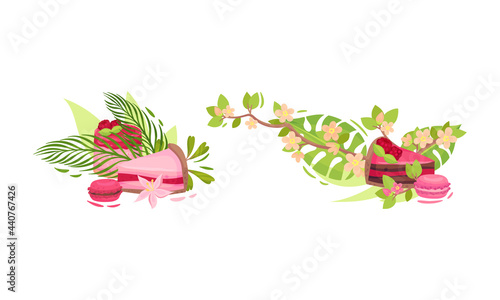 Sweet and Sugary Pink Confection with Green Foliage and Flower Vector Composition Set