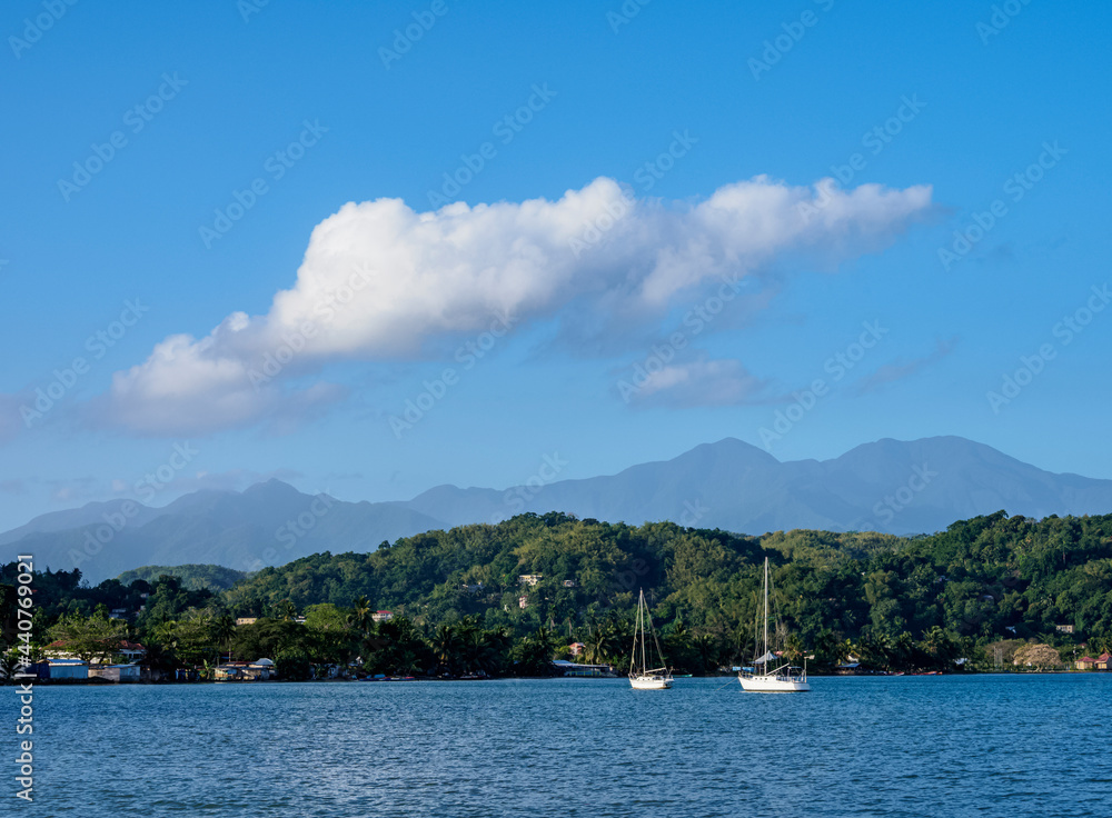 View over East Harbour towards Port Antonio and Blue Mountains, Portland Parish, Jamaica