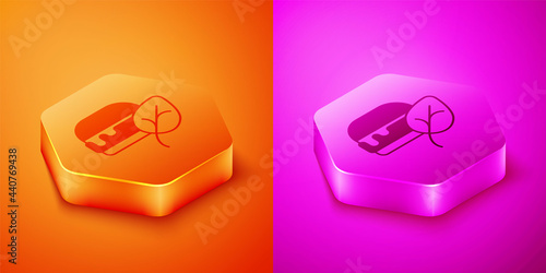 Isometric Vegan food diet icon isolated Isometric background. Organic, bio, eco symbol. Vegan, no meat, lactose free, healthy, fresh and nonviolent food. Hexagon button. Vector