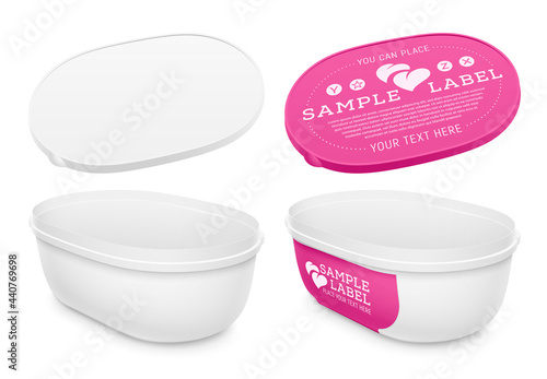Vector labeled plastic open empty bucket for ice-cream, yogurt or other foodstuff. Packaging template illustration.
