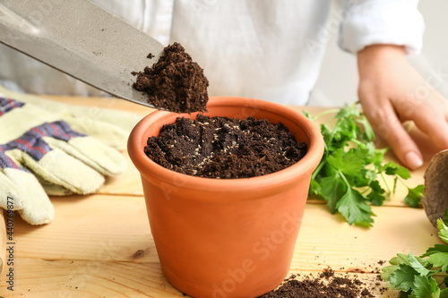 Woman filling pot with soil on wooden table, closeup