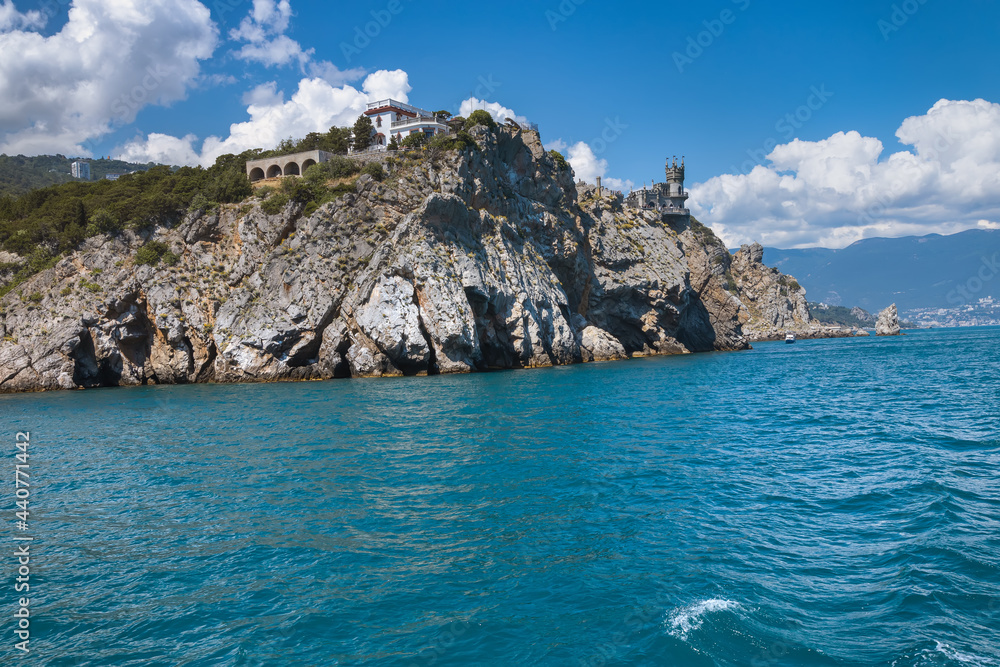 Panoramic view of the rocky coast of Crimea and the symbol of Crimea - Swallow's Nest Castle