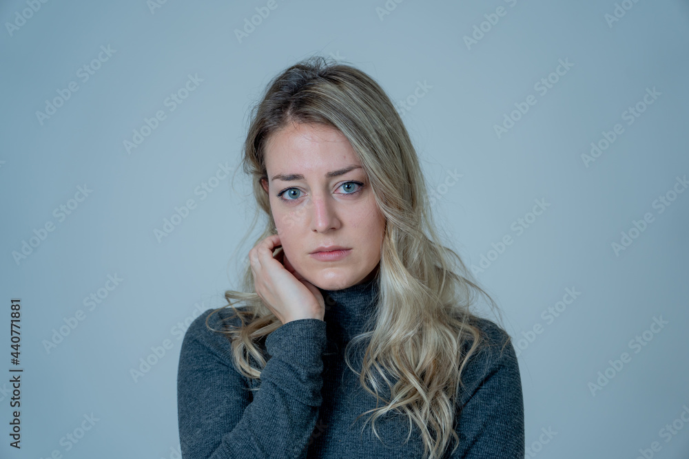 Portrait of young attractive caucasian woman suffering from depression, stress and anxiety. Sad and lonely woman crying, feeling depressed, distressed, worried and overwhelmed. Mental Health care. Portrait of young attractive caucasian woman suffering from depression, stress and anxiety. Sad and lonely woman crying, feeling depressed, distressed, worried and overwhelmed. Mental Health care.