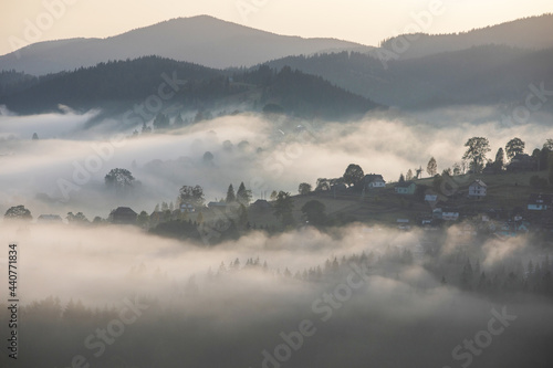Magic dawn in the misty mountains
