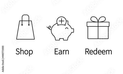 Shop Earn Redeem line icon reward program image. Clipart image