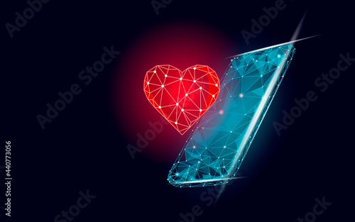 Internet dating app concept. 3D low poly smartphone romantic relationship symbol heart. Social media love date find couple service. Website romantic message vector illustration