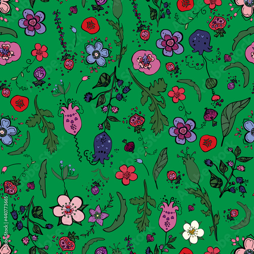 Fototapeta Naklejka Na Ścianę i Meble -  Beautiful seamless floral pattern with berries,herbs and flowers in doodling style. Vector