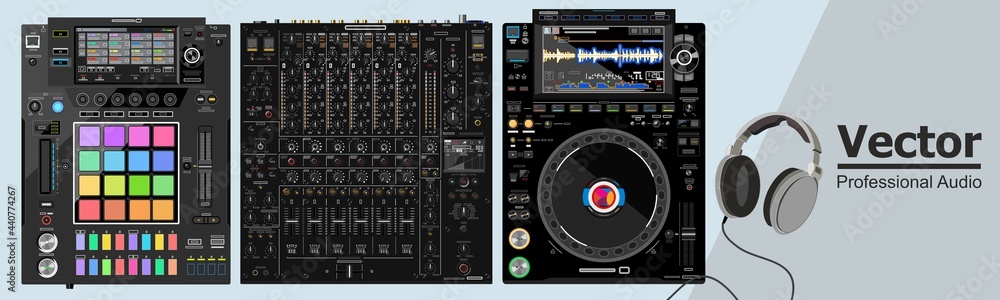 Obraz premium Desktop DJ set consisting of CDJ player, DJM mixer and DJS sampler. Realistic vector illustration. DJs headphones. Modern equipment for clubs and discos. Beatmaking effector. Rgb palette of buttons.