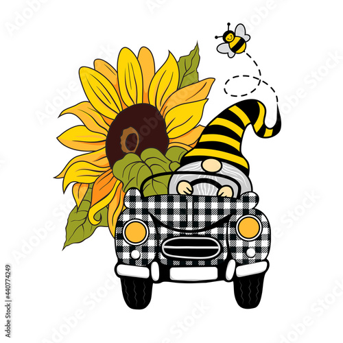 .Large, bright sunflower, funny bee and summer gnome driving a checkered car. Honey farms decor. Vector design. Cartoon illustration.