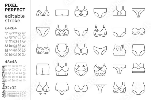 Woman underwear: pants and bras icon set. Types of lingerie: maternity and sport, bandeau and multiway, beginners and high rise, bikini and hipster. Pixel perfect 32x32, 48x48, 64x64 pictograms