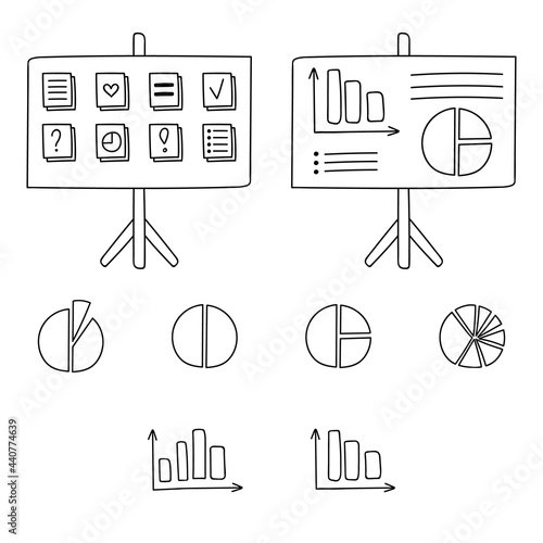 Cute hand drawn doodle set of chart, flipchart, diagram. Infographic business element for presentations, statistic, reports. Vector illustration isolated o background with hand drawn doodle outline.