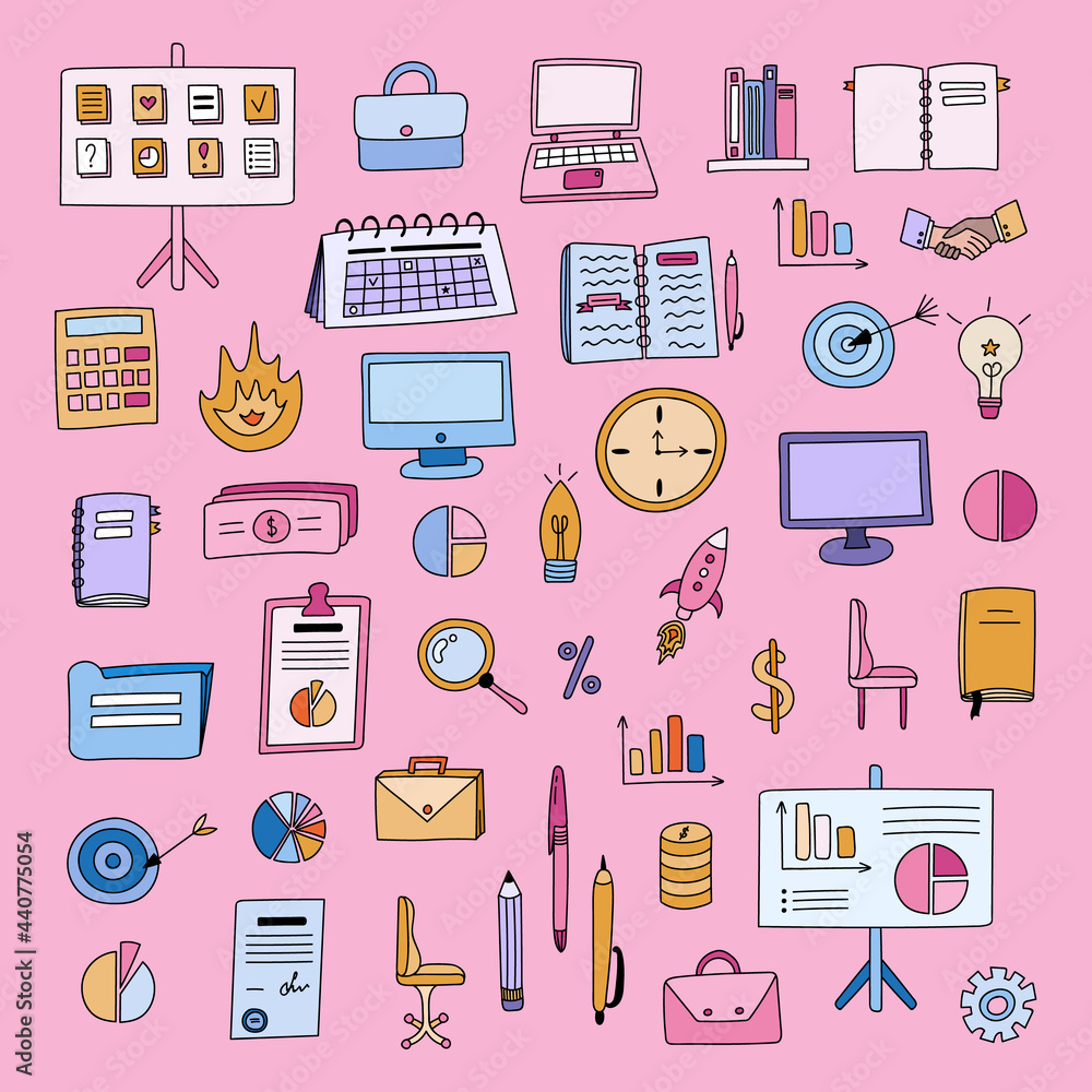 © Ana Tivikova - Big business set with colorful hand drawn cliparts in cartoon style. Vector illustrations isolated on background. Briefcases. lamps, money and finances, laptop, computers, planners, calendars etc. © Ana Tivikova - Big business set with colorful hand drawn cliparts in cartoon style. Vector illustrations isolated on background. Briefcases. lamps, money and finances, laptop, computers, planners, calendars etc.