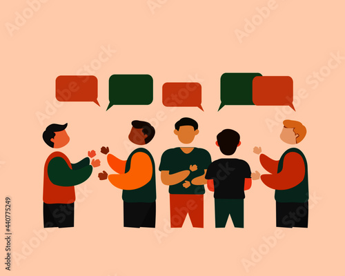 illustration of people talk to each others, everyone of several ethnicities mingle and talk, difference
