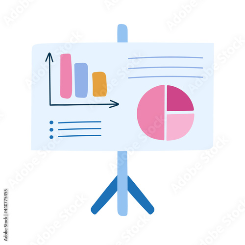 Cute hand drawn clipart of flipchart with graphs, diagrams, lists. information on it. Infographic business element for presentations, reports. Vector illustration isolated on background.