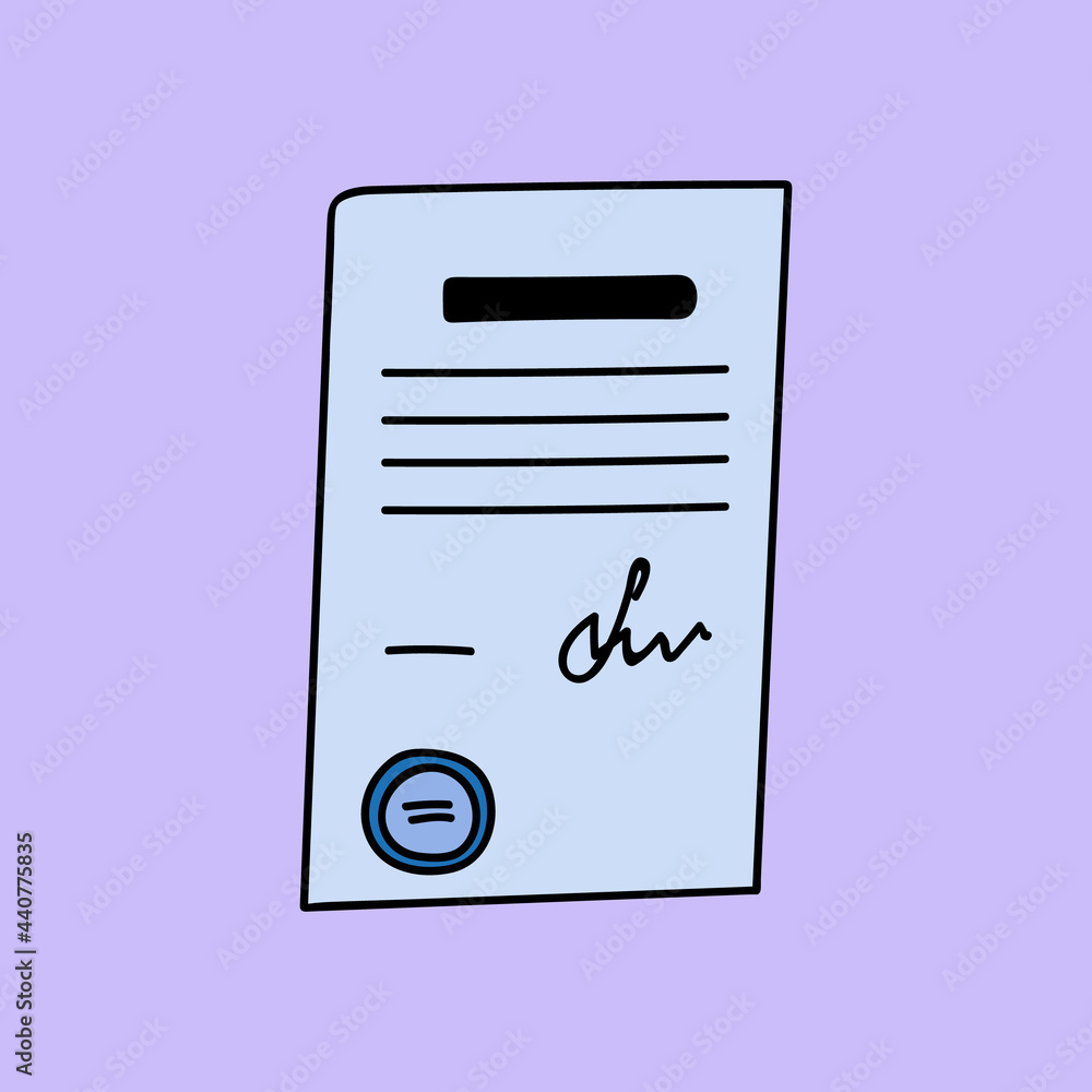 Cute and trendy business document in hand drawn style. Vector illustration isolated on the background with doodle outline. Paper with contract with stamp and signature. Cute and trendy business document in hand drawn style. Vector illustration isolated on the background with doodle outline. Paper with contract with stamp and signature.