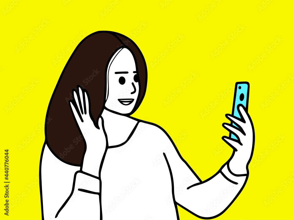 woman making facetime video calling with smartphone. using zoom meeting online app, social distancing, work from home remotely during covid-19 coronavirus lockdown, new normal concept vector design