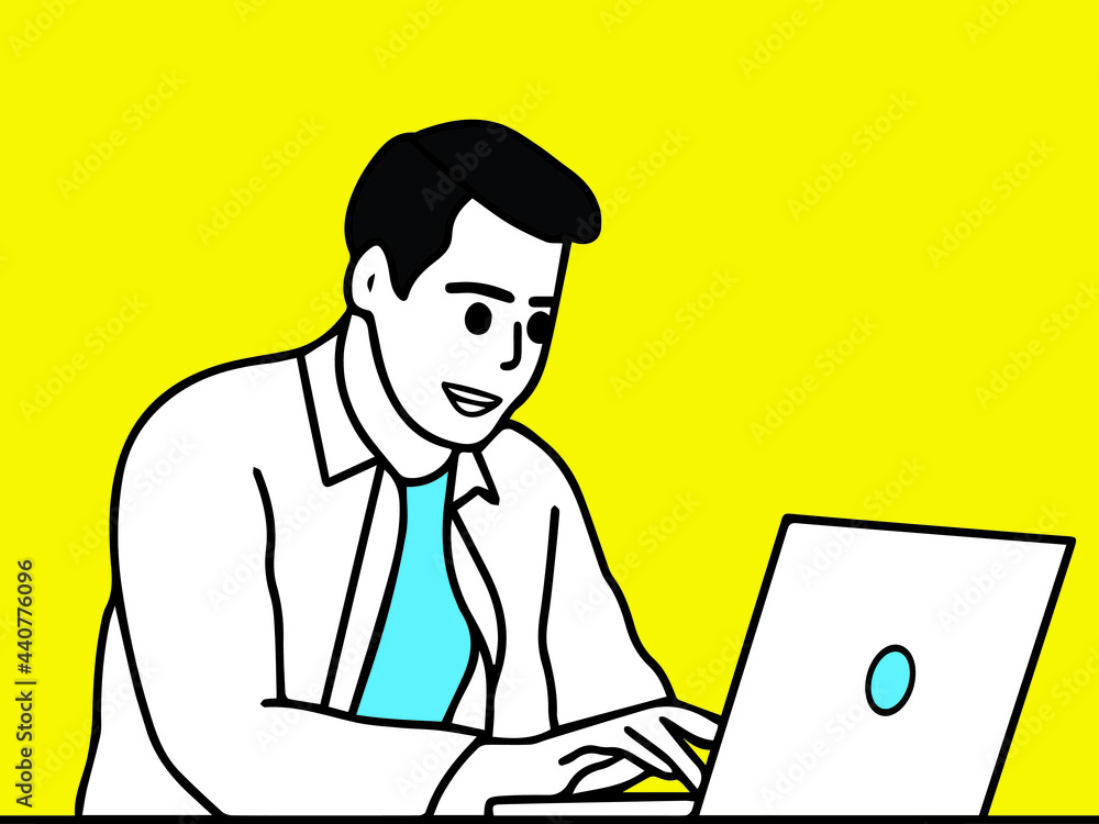 Business man looking at laptop screen, watching educational lecture seminar webinar online, studying remotely, writing notes. Online communication concept. Influential successful. vector design Business man looking at laptop screen, watching educational lecture seminar webinar online, studying remotely, writing notes. Online communication concept. Influential successful. vector design