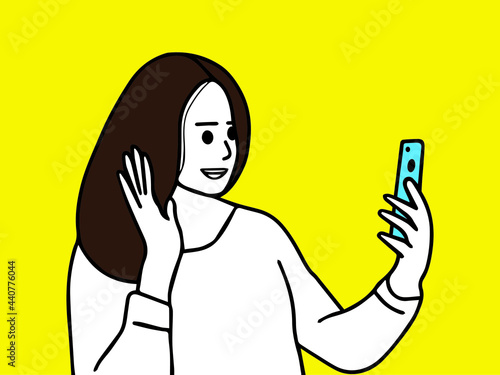 woman making facetime video calling with smartphone. using zoom meeting online app, social distancing, work from home remotely during covid-19 coronavirus lockdown, new normal concept vector design