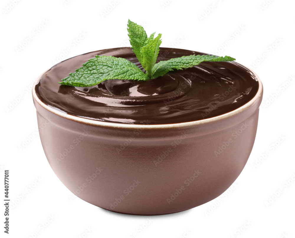 Delicious chocolate cream with mint in bowl on white background Delicious chocolate cream with mint in bowl on white background