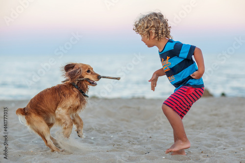Curly boy playing with a dog by the sea