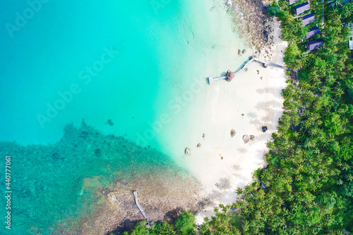 Aerial view white sand beach turquoise sea water