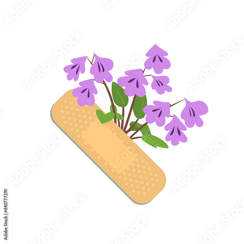 Sticking plasters and purple flowers. Medical patch isolated on white background. Stock vector illustration.