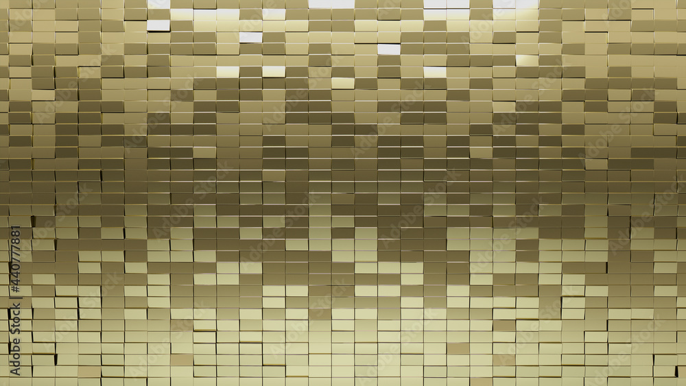 Glossy Tiles arranged to create a 3D wall. Luxurious, Gold Background formed from Rectangular blocks. 3D Render Glossy Tiles arranged to create a 3D wall. Luxurious, Gold Background formed from Rectangular blocks. 3D Render