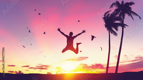 Man jumping and birds flying with palm tree at tropical sunset beach abstract background. Freedom feel good and travel adventure concept.