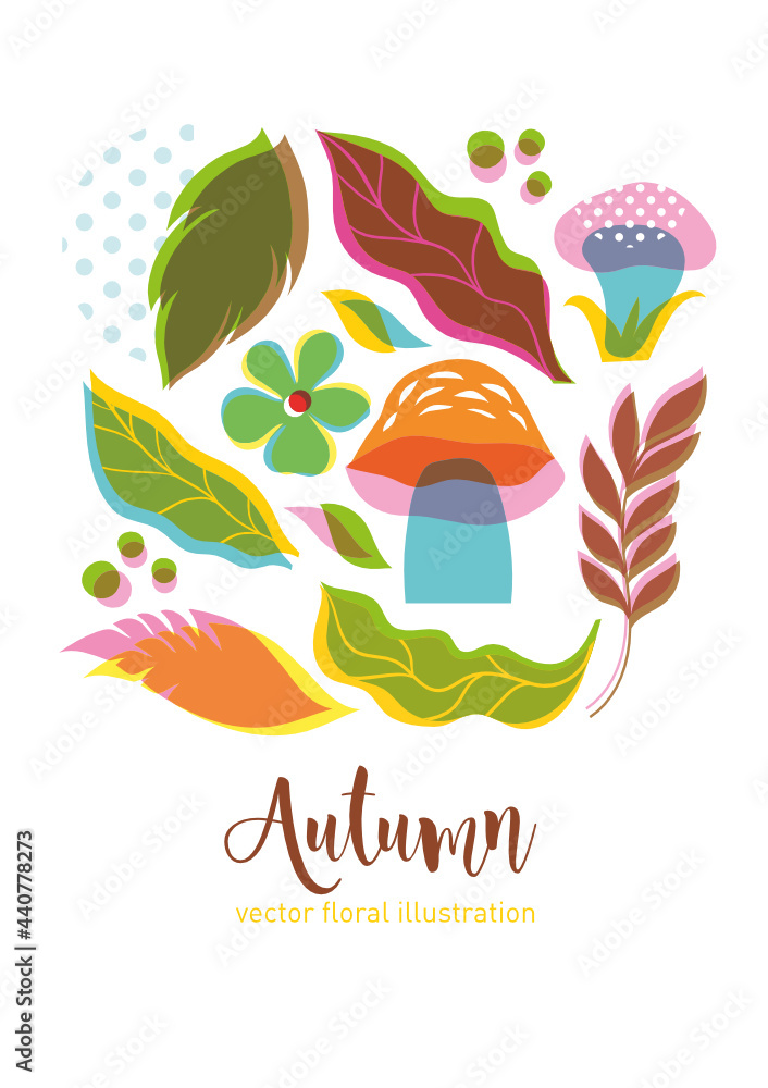 Сard with leaves and flowers and mushrooms. Cartoon vector illustration, banner, art print, flyer . Autumn illustration on white background, offset effect, greeting card design. 
