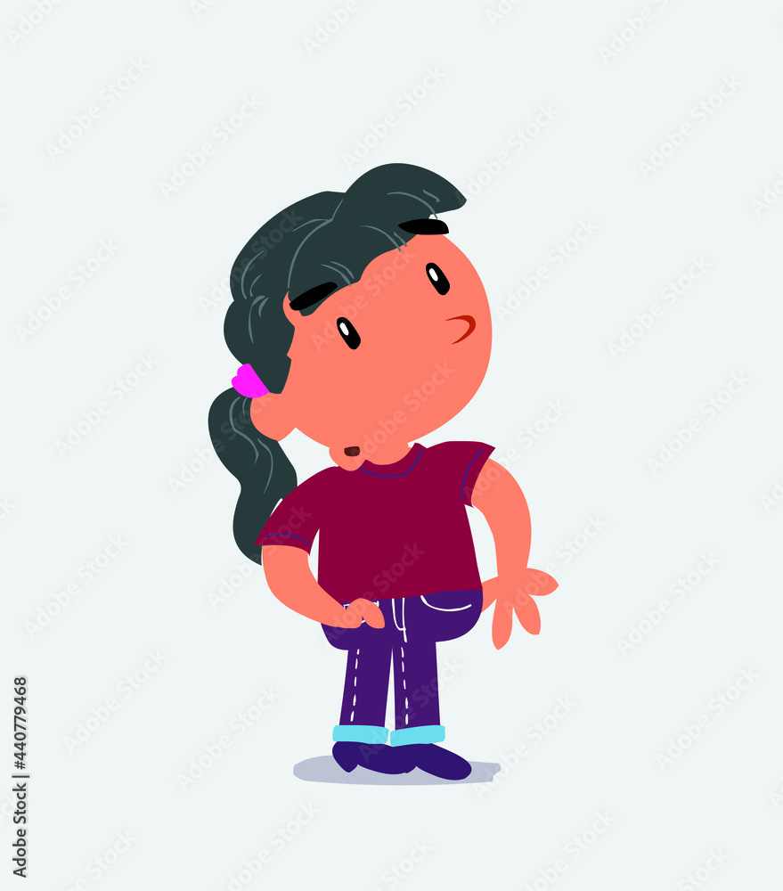 cartoon character of little girl on jeans looks with doubt and somewhat surprised cartoon character of little girl on jeans looks with doubt and somewhat surprised