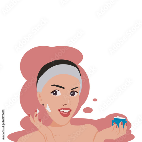 Cartoon face young beautiful woman who has big eye is smiling , holding and presents face cream on her hands.Vector isolate flat design concept for  Beauty, skincare, makeup or cleaning banner or web