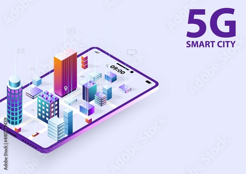 Concept of 5G smart city, communication network technology. High speed internet and connection. Vector 3D illustration design.