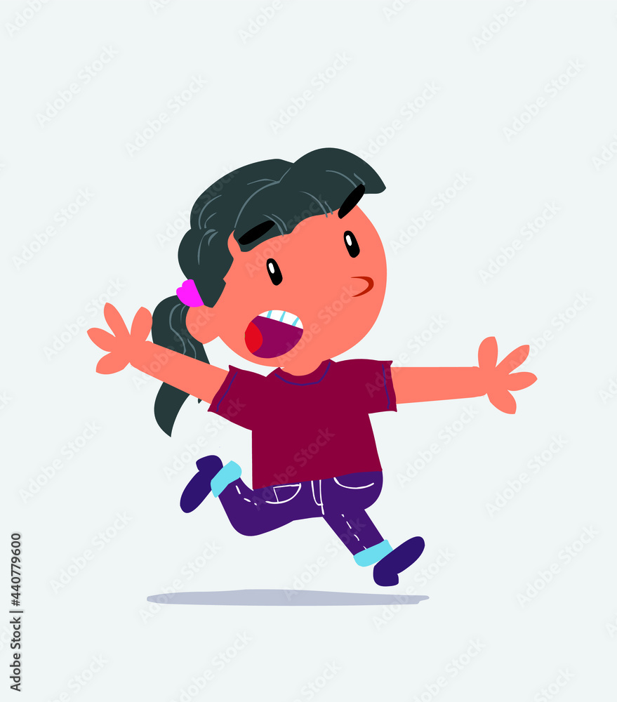 cartoon character of little girl on jeans running angry. cartoon character of little girl on jeans running angry.