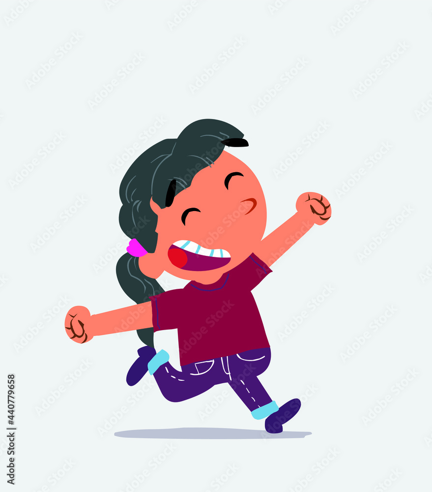 cartoon character of little girl on jeans running very euphoric
