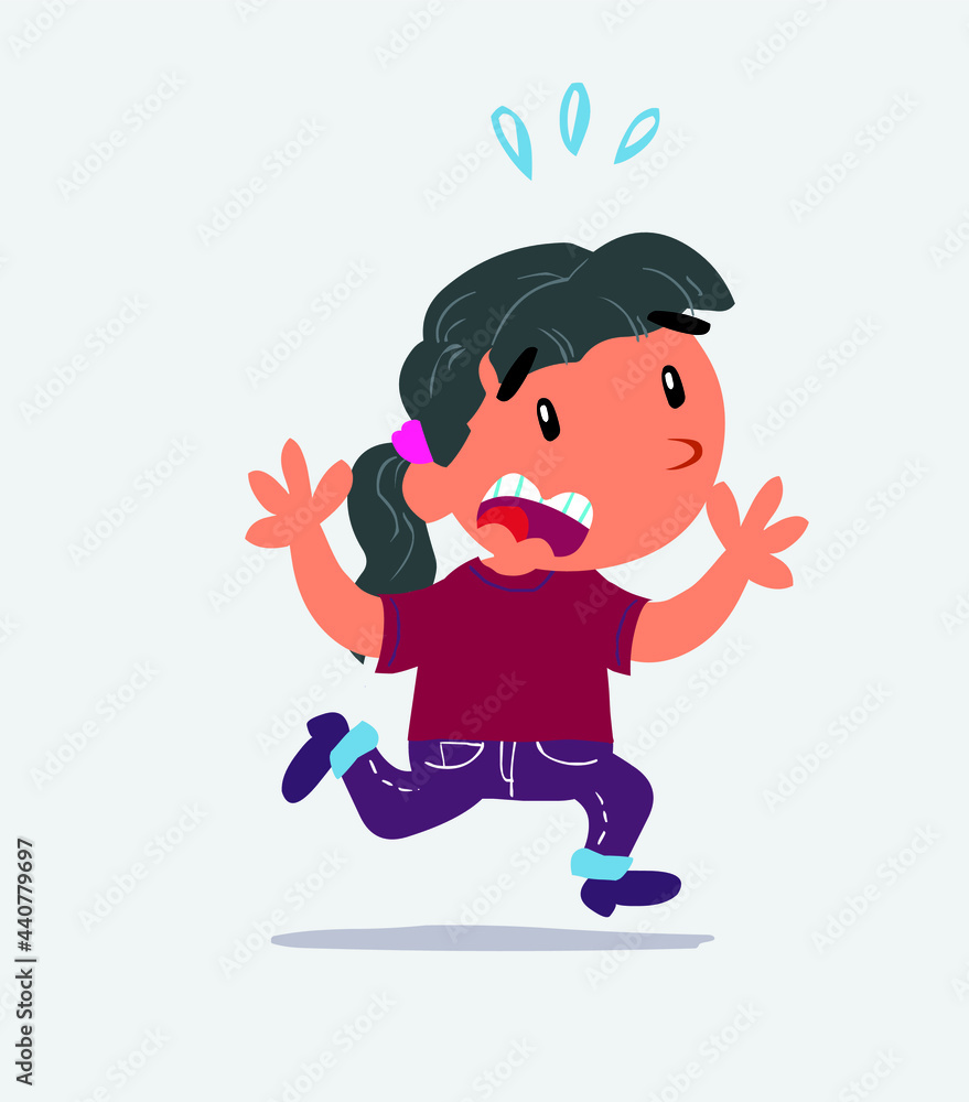 cartoon character of little girl on jeans runs away in terror. cartoon character of little girl on jeans runs away in terror.