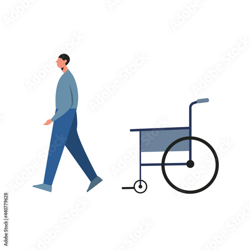 Injured young man recovering and getting up from wheelchair isolated on white. Vector illustration cartoon flat style