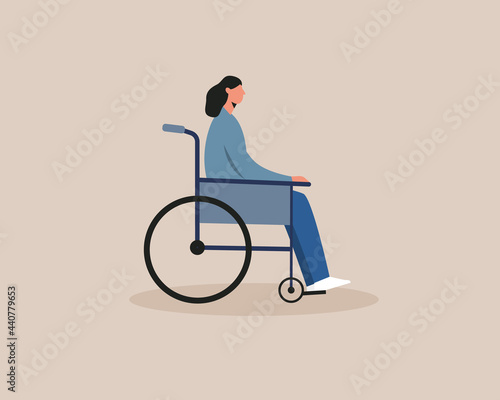 Young disabled woman sitting in a wheelchair. Handicapped female character. Disability,equal opportunities concept. Vector illustration cartoon flat style.
