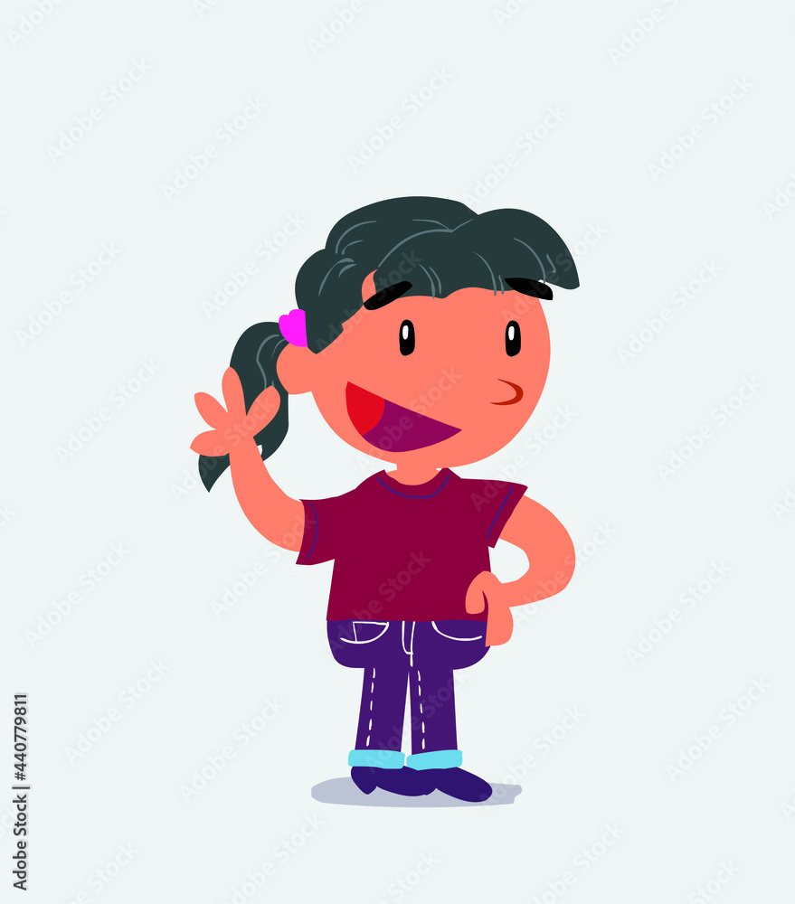 cartoon character of little girl on jeans waving happily
