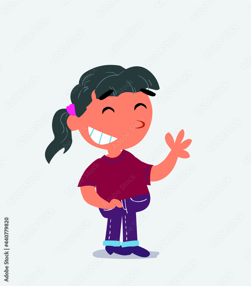 cartoon character of little girl on jeans waving informally while laughing.