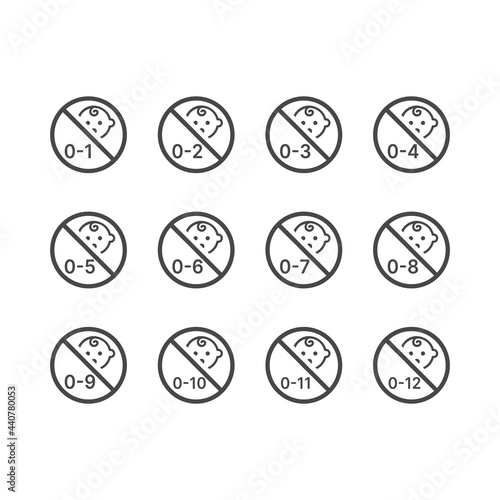 No baby prohibition vector icon set. Months for baby products and packaging instructions symbols.