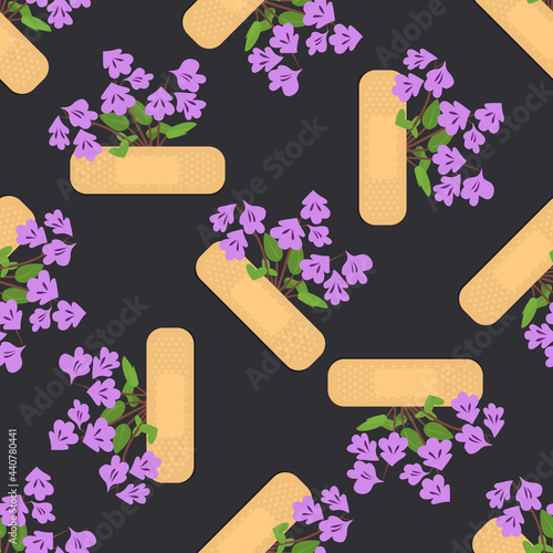 Seamless pattern with sticking plasters and purple flowers. Medical patch repeat texture. On black background. Stock vector illustration.