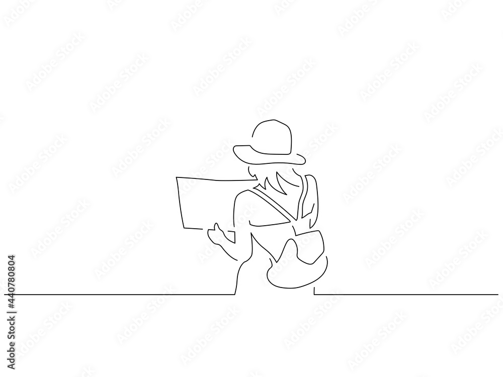 Woman with a map line drawing, vector illustration design. Summer collection.